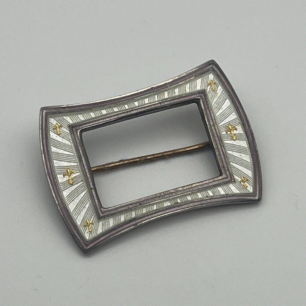 Vintage Webster Sterling Silver Guilloche Enamel &Fleur De Lis Buckle Brooch Pin